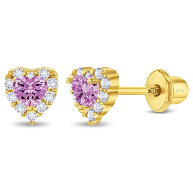 Zilveren kinderoorbellen goldplated hartjes roze zirconia | schroefsluiting - Staartjes en Strikjes