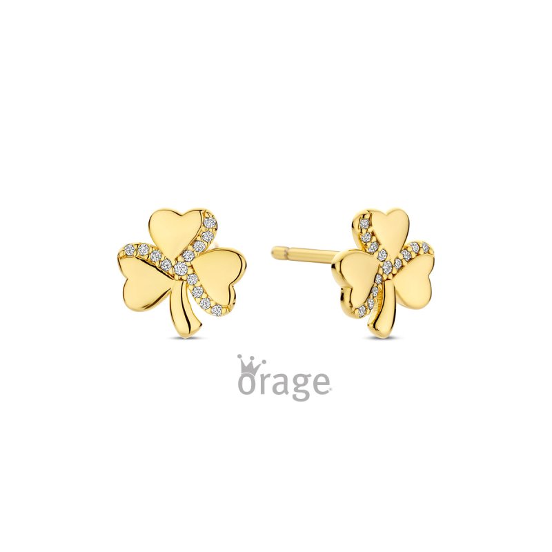 Zilveren kinderoorbellen goldplated klavertjes zirconia Orage kids - Staartjes en Strikjes
