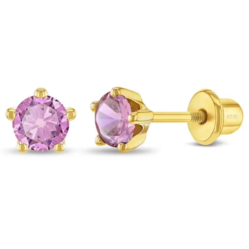 Zilveren kinderoorbellen goldplated knopje lichtroze zirconia | schroefsluiting - Staartjes en Strikjes