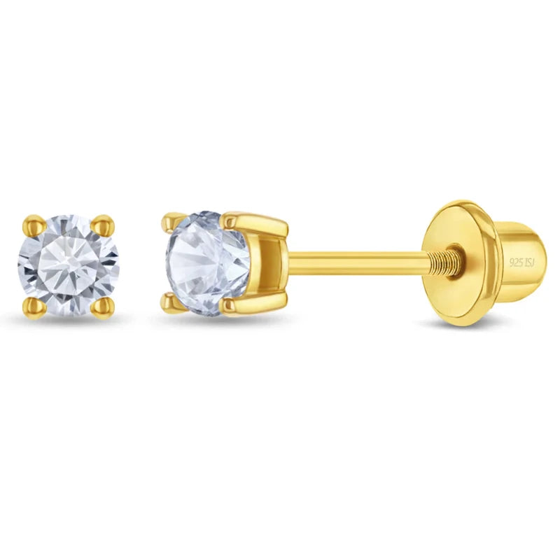 Zilveren kinderoorbellen goldplated knopje zirconia 2 mm | schroefsluiting - Staartjes en Strikjes