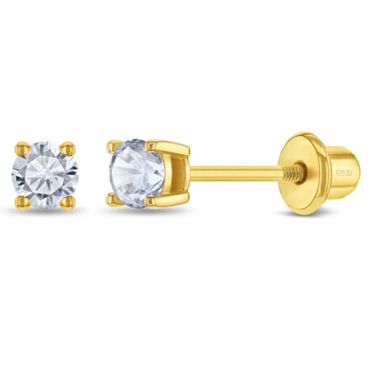 Zilveren kinderoorbellen goldplated knopje zirconia 2 mm | schroefsluiting - Staartjes en Strikjes