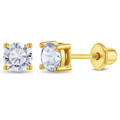 Zilveren kinderoorbellen goldplated knopje zirconia 4 mm | schroefsluiting - Staartjes en Strikjes