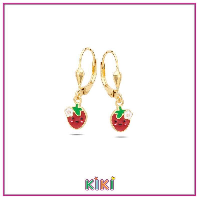 Zilveren kinderoorbellen goldplated met hangertjes aardbeitjes | Kiki - Staartjes en Strikjes
