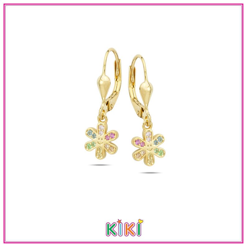 Zilveren kinderoorbellen goldplated met hangertjes bloemetje multi | Kiki - Staartjes en Strikjes