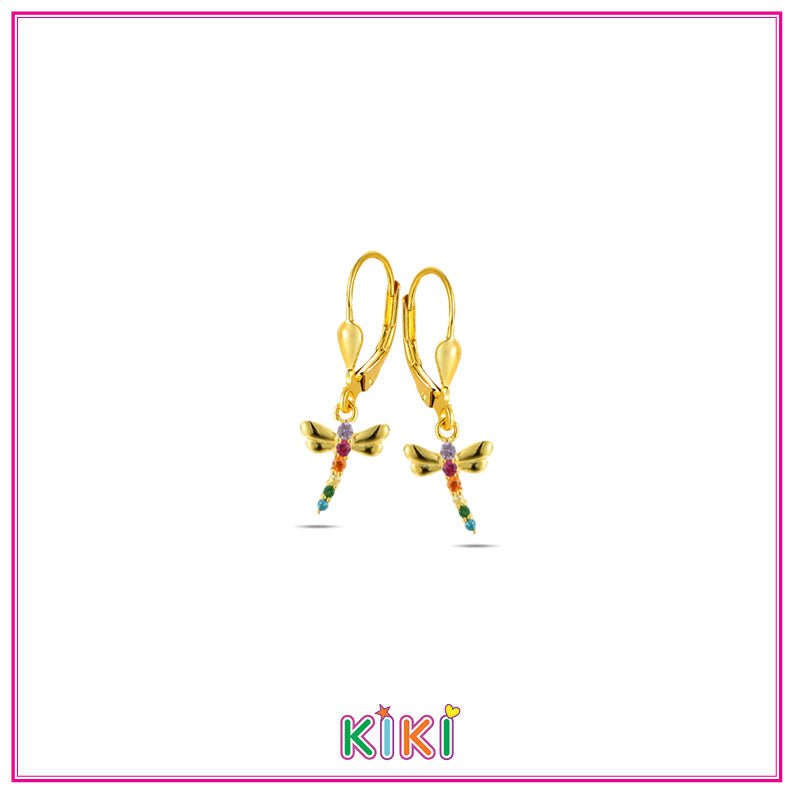 Zilveren kinderoorbellen goldplated met hangertjes libelle | Kiki - Staartjes en Strikjes