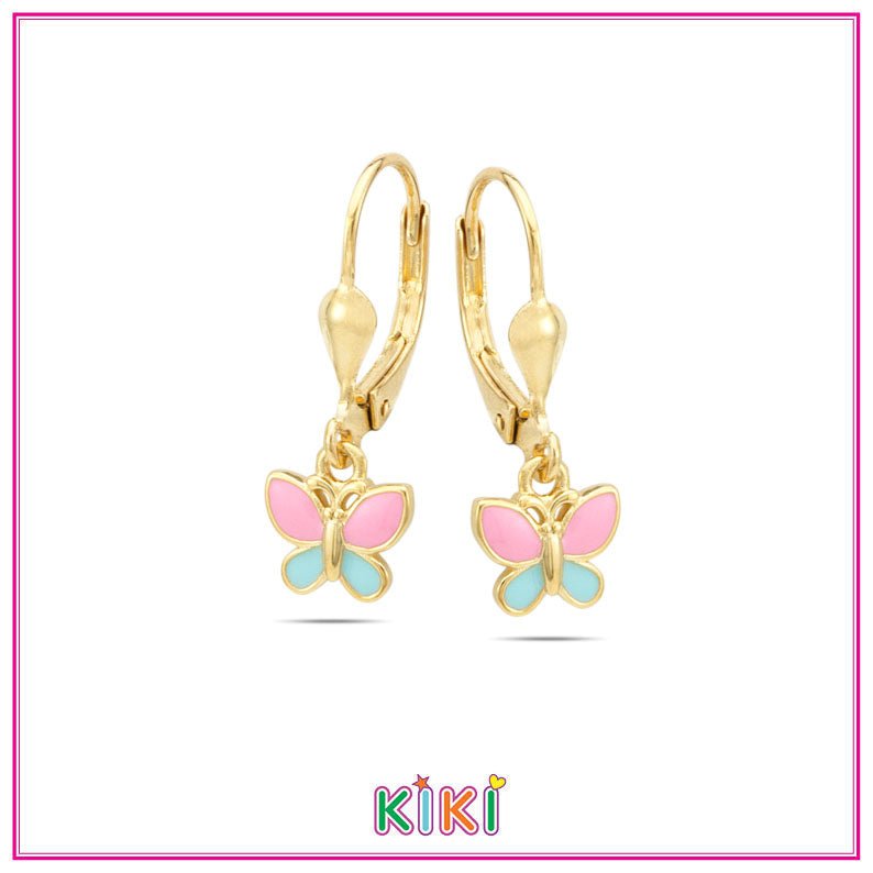 Zilveren kinderoorbellen goldplated met hangertjes vlinder blauw/roze | Kiki - Staartjes en Strikjes