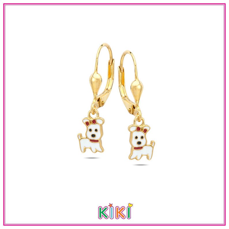 Zilveren kinderoorbellen goldplated met hangertjes wit hondje | Kiki - Staartjes en Strikjes