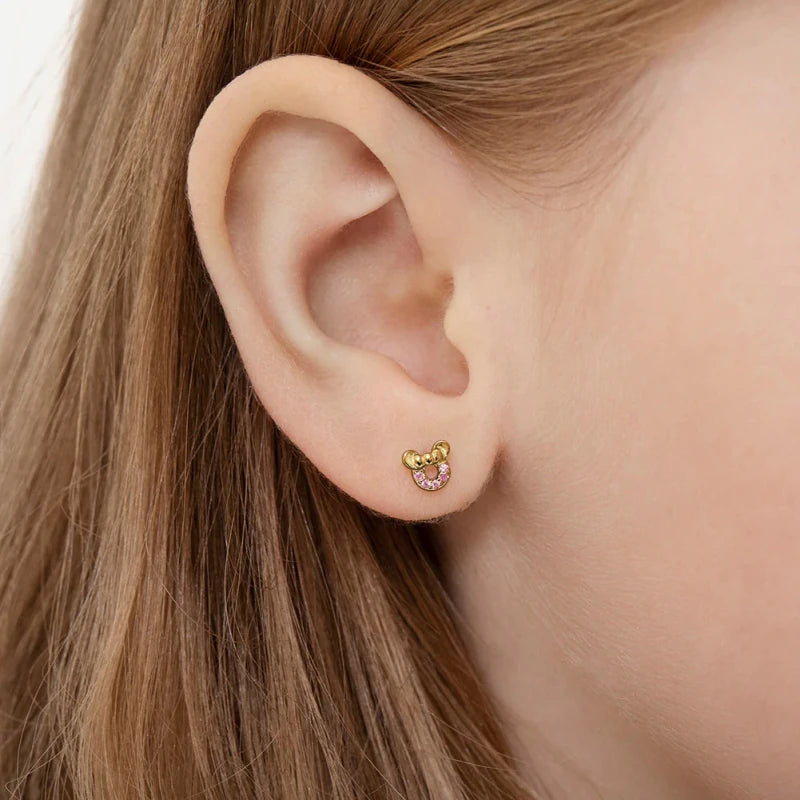 Zilveren kinderoorbellen goldplated muis lichtroze | schroefsluiting - Staartjes en Strikjes