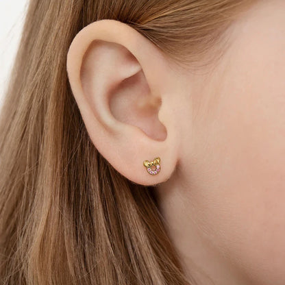 Zilveren kinderoorbellen goldplated muis lichtroze | schroefsluiting - Staartjes en Strikjes