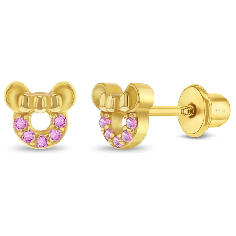 Zilveren kinderoorbellen goldplated muis lichtroze | schroefsluiting - Staartjes en Strikjes