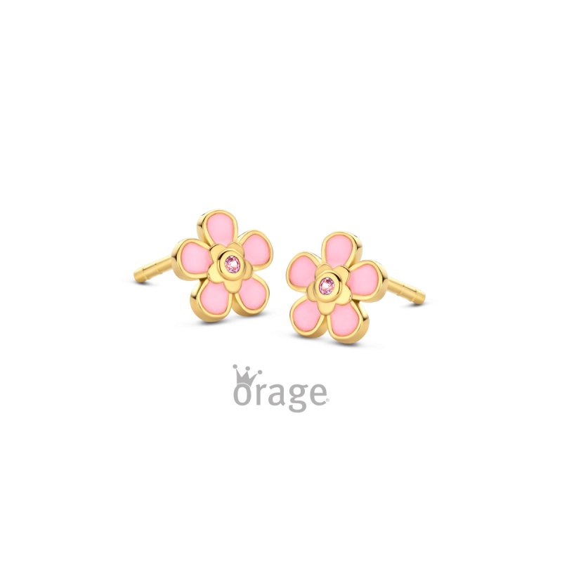 Zilveren kinderoorbellen goldplated roze bloemetje - Orage Kids - Staartjes en Strikjes