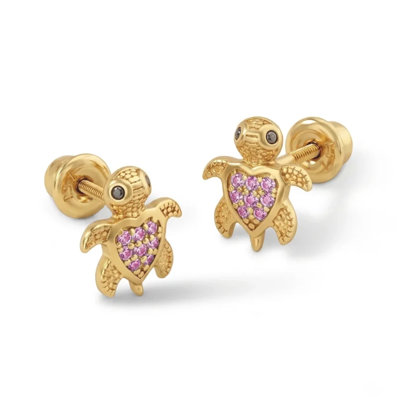 Zilveren kinderoorbellen goldplated schilpad lichtroze | schroefsluiting - Staartjes en Strikjes