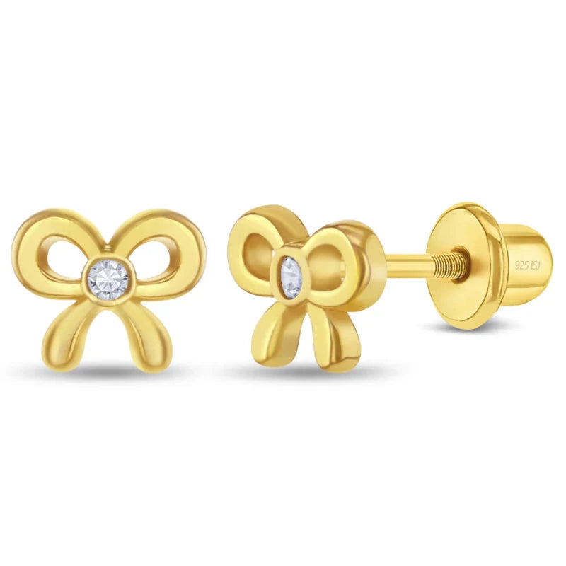Zilveren kinderoorbellen goldplated strikjes met zirconia | schroefsluiting - Staartjes en Strikjes
