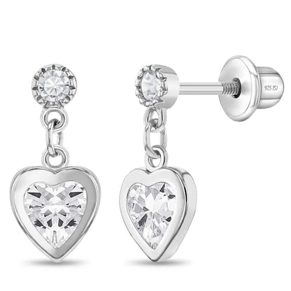 Zilveren kinderoorbellen hangend hartje zirconia | schroefsluiting - Staartjes en Strikjes