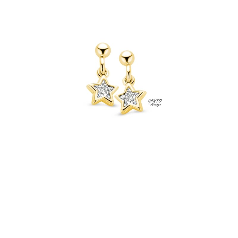 Zilveren kinderoorbellen hangertje goldplated sterretjes zirconia - Gento Young - Staartjes en Strikjes