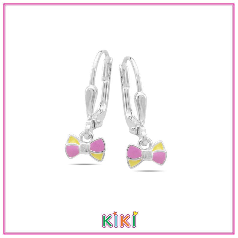 Zilveren kinderoorbellen hangertje strikjes roze/geel - Kiki - Staartjes en Strikjes
