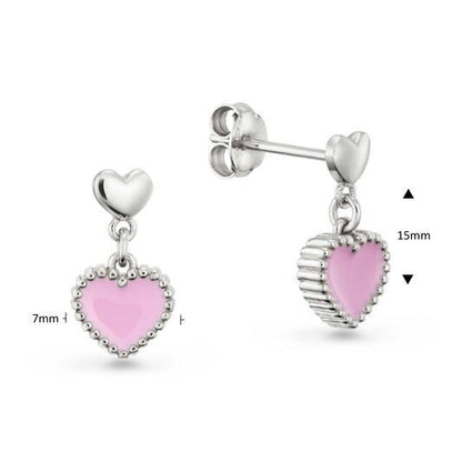 Zilveren kinderoorbellen hangertjes met roze hartjes - Staartjes en Strikjes