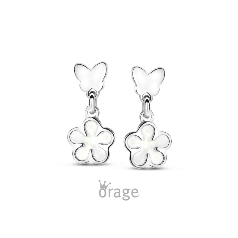 Zilveren kinderoorbellen hangertjes vlinder met bloem - Orage Kids - Staartjes en Strikjes