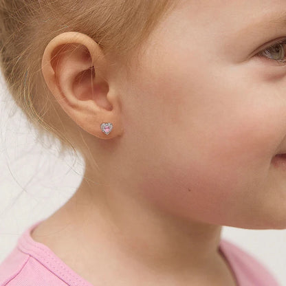 Zilveren kinderoorbellen hartje lichtroze zirconia | schroefsluiting - Staartjes en Strikjes