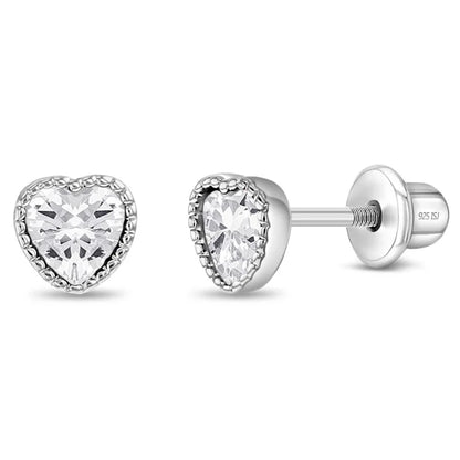 Zilveren kinderoorbellen hartje zirconia | schroefsluiting - Staartjes en Strikjes