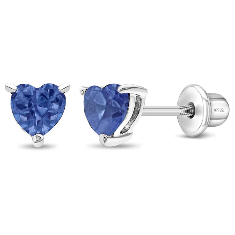 Zilveren kinderoorbellen hartjes blauw | schroefsluiting - Staartjes en Strikjes