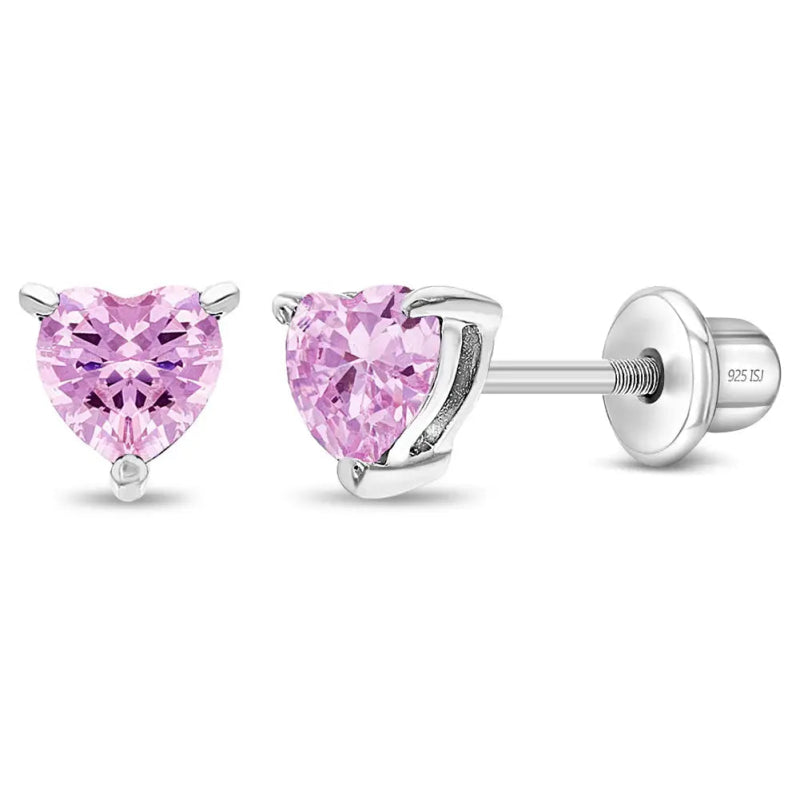 Zilveren kinderoorbellen hartjes lichtroze | schroefsluiting - Staartjes en Strikjes