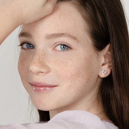 Zilveren kinderoorbellen hartjes lichtroze zirconia | schroefsluiting - Staartjes en Strikjes