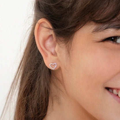 Zilveren kinderoorbellen hartjes lichtroze zirconia | schroefsluiting - Staartjes en Strikjes