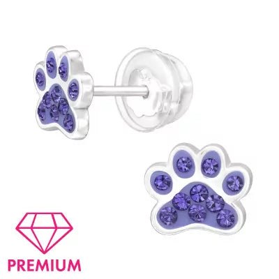 Zilveren kinderoorbellen hondenpootjes kristalletjes paars - Staartjes en Strikjes