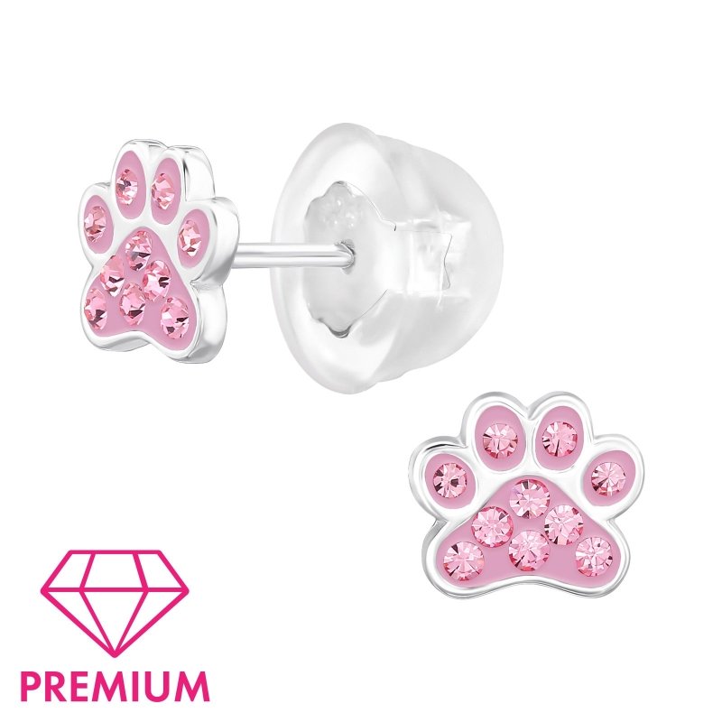Zilveren kinderoorbellen hondenpootjes kristalletjes roze - Staartjes en Strikjes