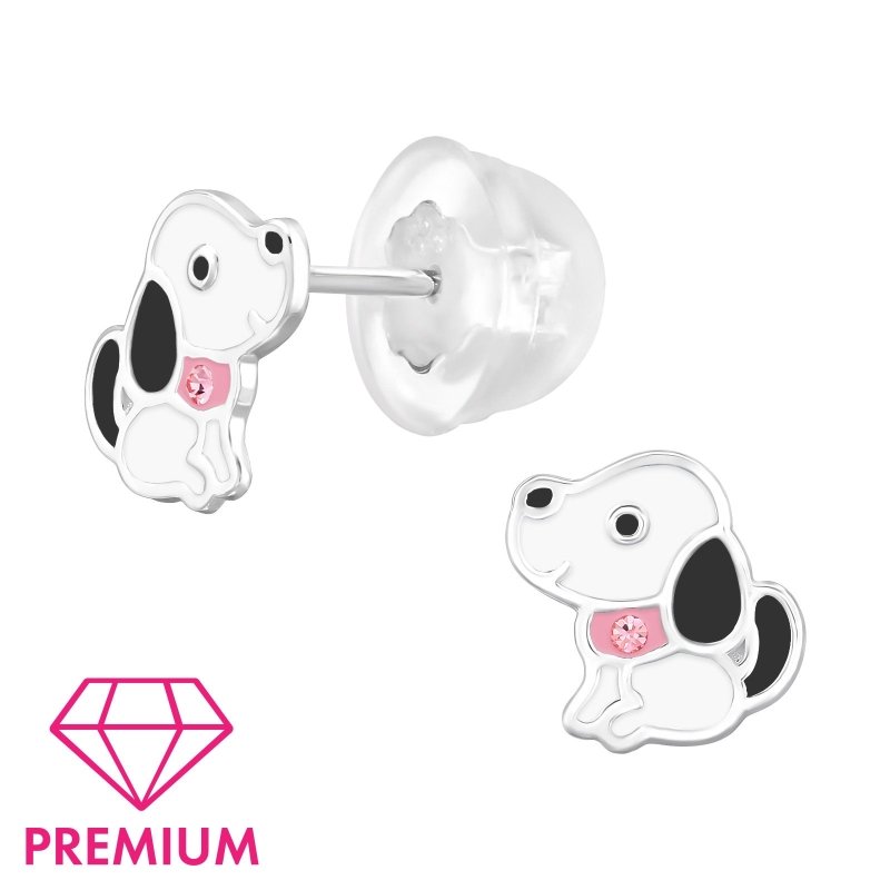 Zilveren kinderoorbellen hondjes met roze kristalletje - Staartjes en Strikjes