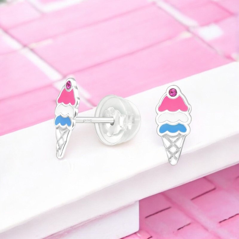 Zilveren kinderoorbellen ijshoorntje met crystal - Staartjes en Strikjes