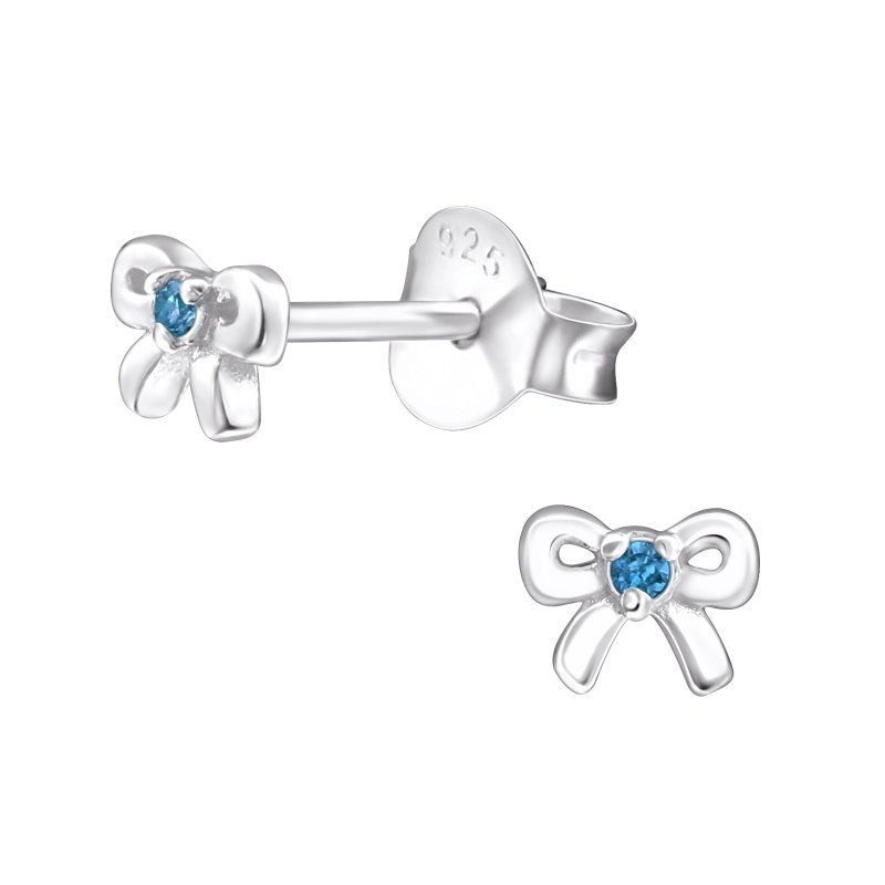 Zilveren kinderoorbellen klein strikje met blauw zirconiasteentje - Staartjes en Strikjes