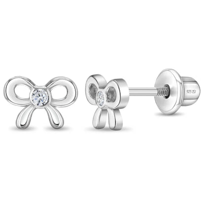 Zilveren kinderoorbellen klein strikje met zirconia | schroefsluiting - Staartjes en Strikjes