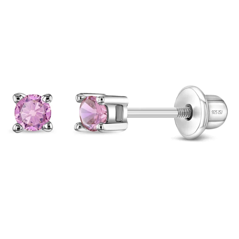 Zilveren kinderoorbellen knopje 2 mm. lichtroze zirconia | schroefsluiting - Staartjes en Strikjes