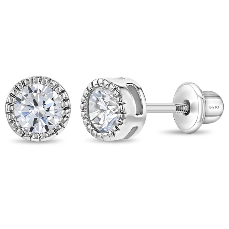 Zilveren kinderoorbellen knopje 5 mm. zilver met zirconia | schroefsluiting - Staartjes en Strikjes