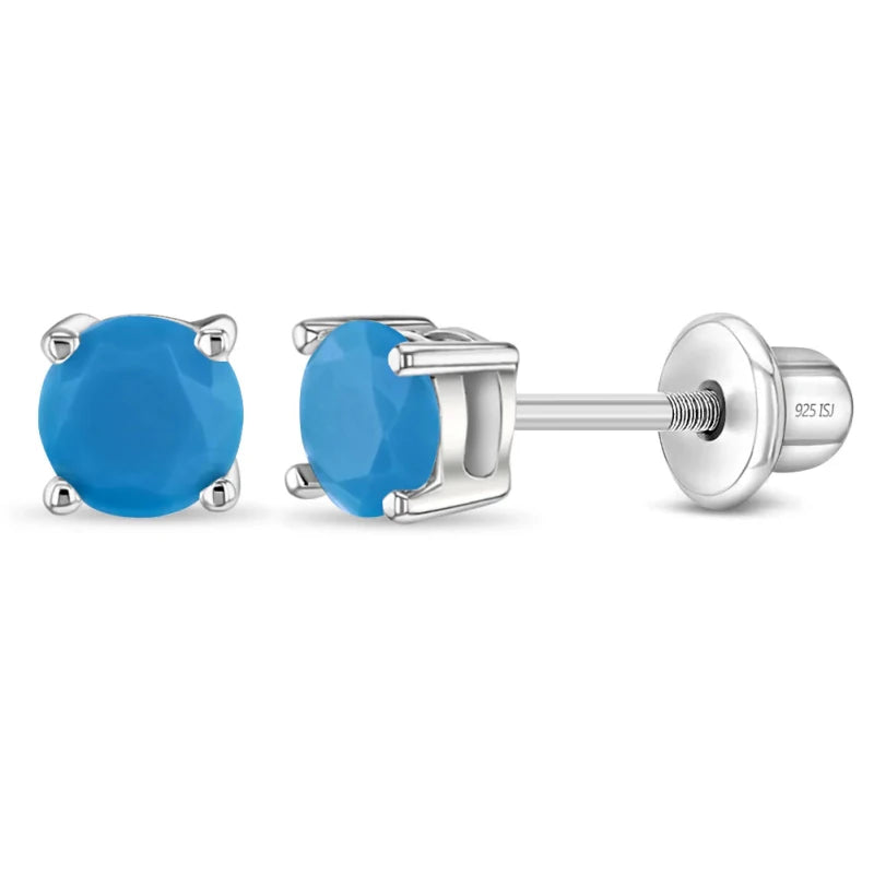 Zilveren kinderoorbellen knopje blauw zirconia | schroefsluiting - Staartjes en Strikjes