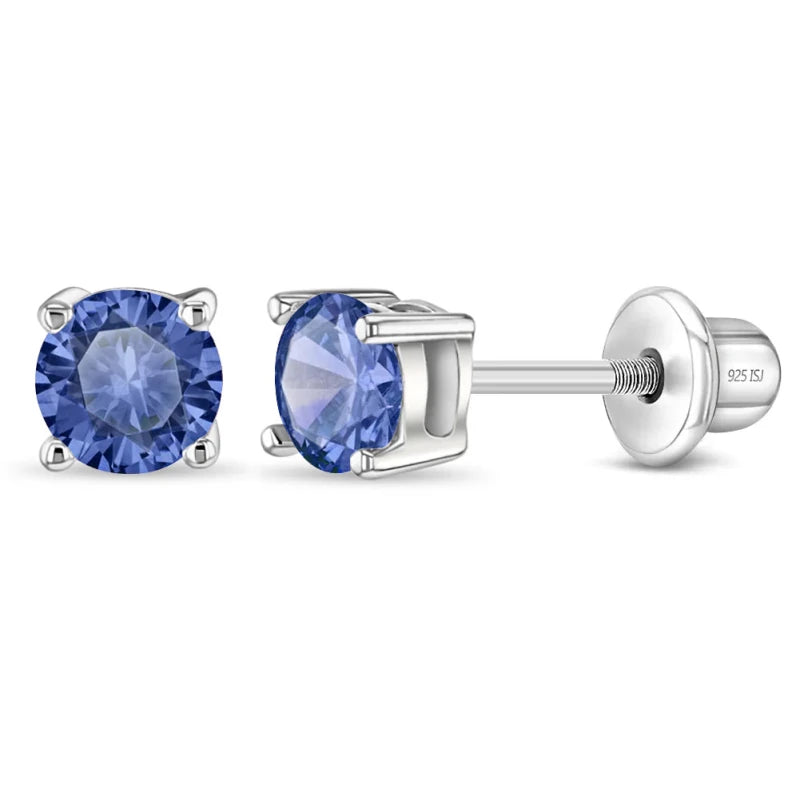 Zilveren kinderoorbellen knopje zirconia 4 mm blauw | schroefsluiting - Staartjes en Strikjes