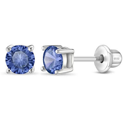Zilveren kinderoorbellen knopje zirconia 4 mm blauw | schroefsluiting - Staartjes en Strikjes