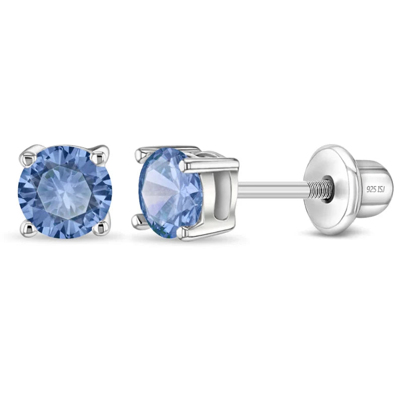 Zilveren kinderoorbellen knopje zirconia 4 mm blauw | schroefsluiting - Staartjes en Strikjes