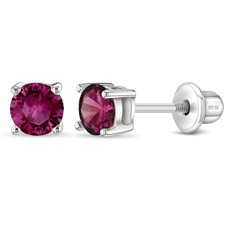 Zilveren kinderoorbellen knopje zirconia 4 mm hard roze | schroefsluiting - Staartjes en Strikjes