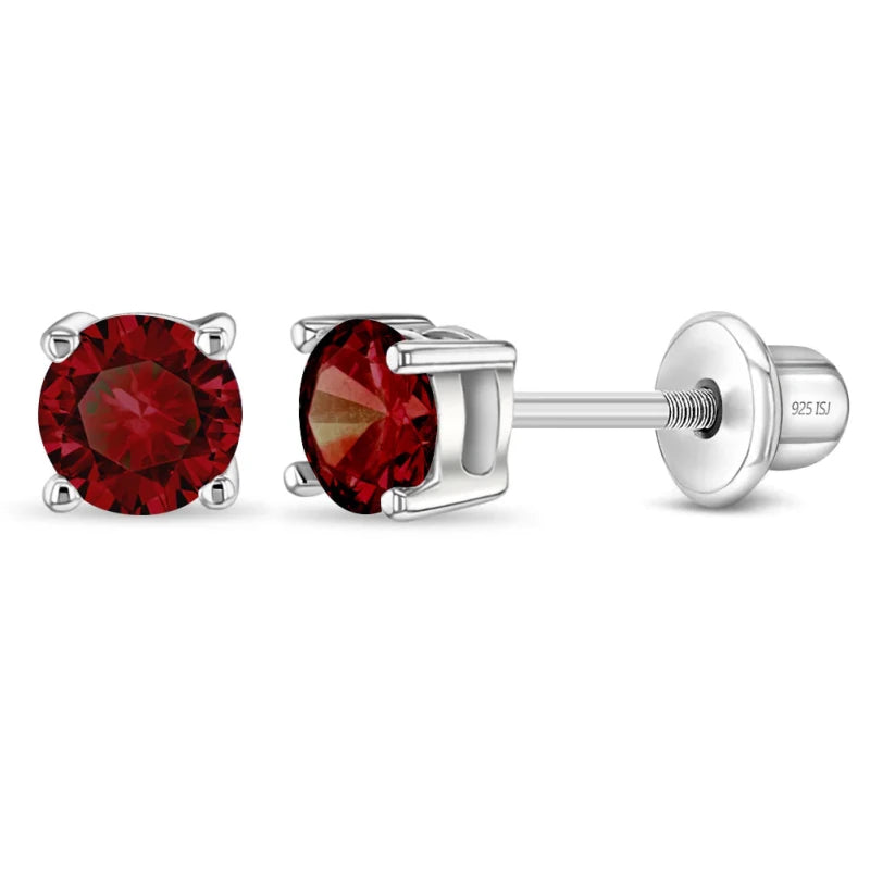 Zilveren kinderoorbellen knopje zirconia 4 mm rood | schroefsluiting - Staartjes en Strikjes