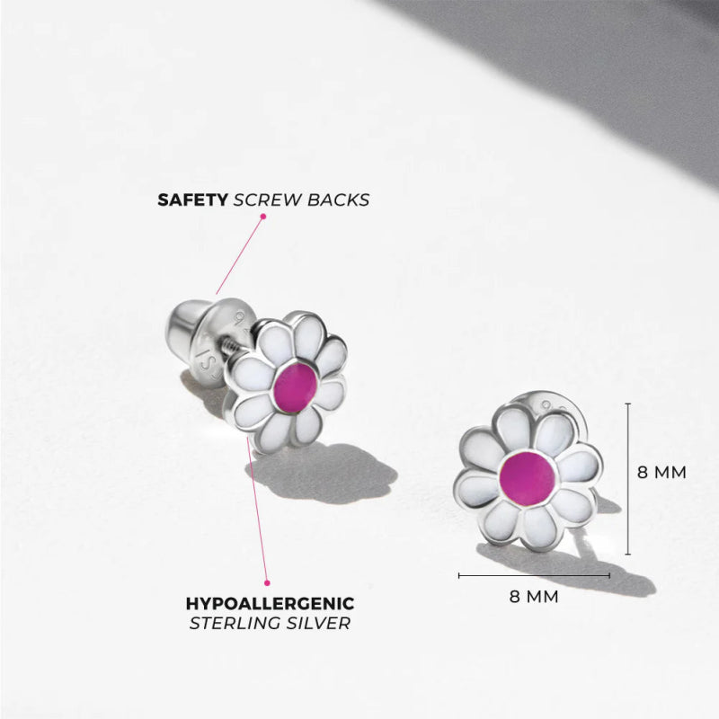 Zilveren kinderoorbellen margrietjes roze |schroefsluiting - Staartjes en Strikjes