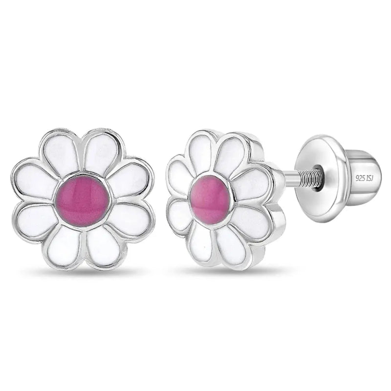 Zilveren kinderoorbellen margrietjes roze | schroefsluiting - Staartjes en Strikjes