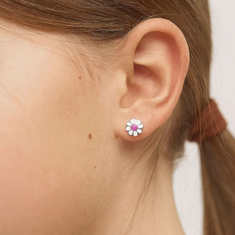 Zilveren kinderoorbellen margrietjes roze | schroefsluiting - Staartjes en Strikjes