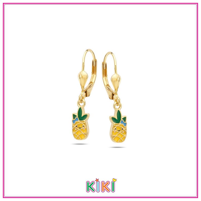 Zilveren kinderoorbellen met hangertjes ananas goldplated | Kiki - Staartjes en Strikjes
