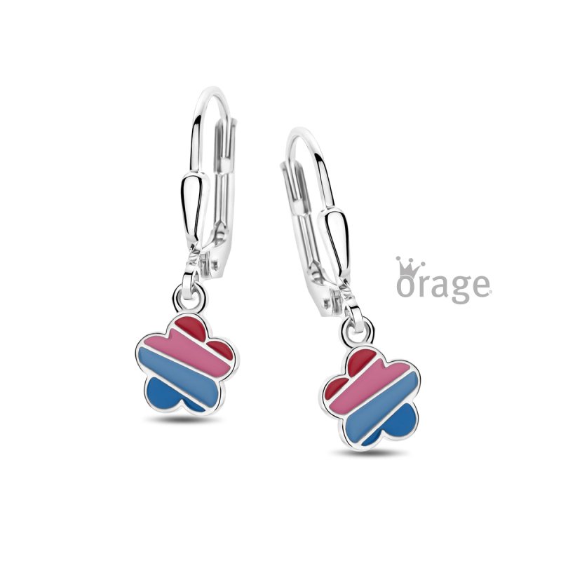 Zilveren kinderoorbellen met hangertjes bloem blauw/roze Orage Kids - Staartjes en Strikjes