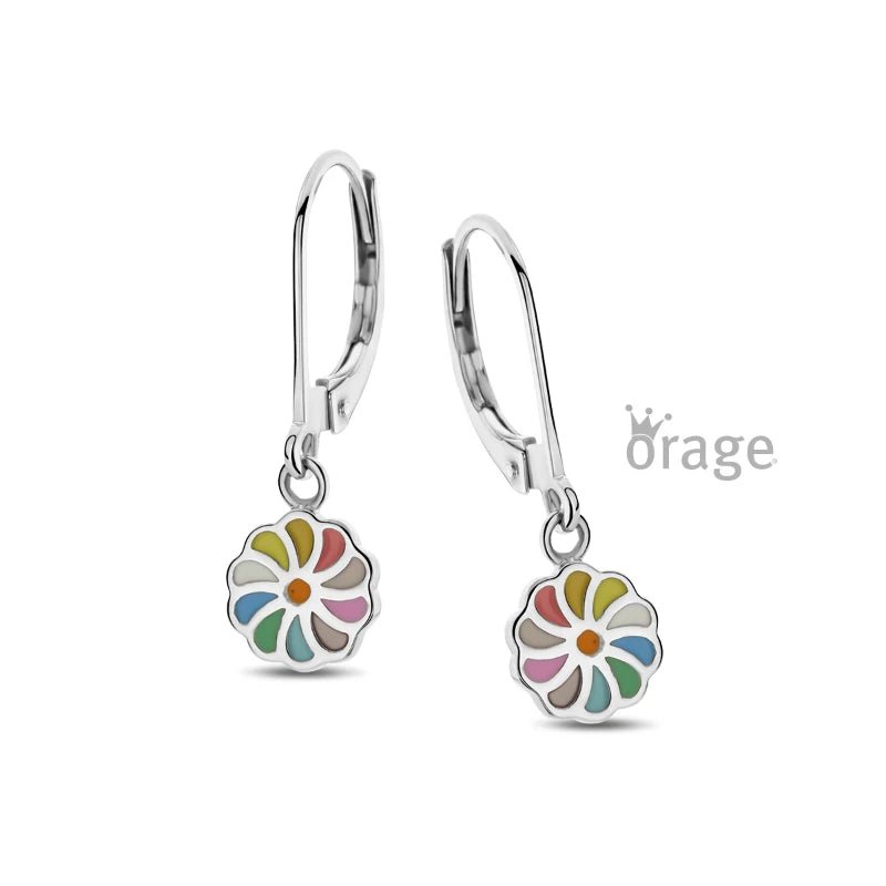 Zilveren kinderoorbellen met hangertjes bloemetje multicolor - Orage Kids - Staartjes en Strikjes