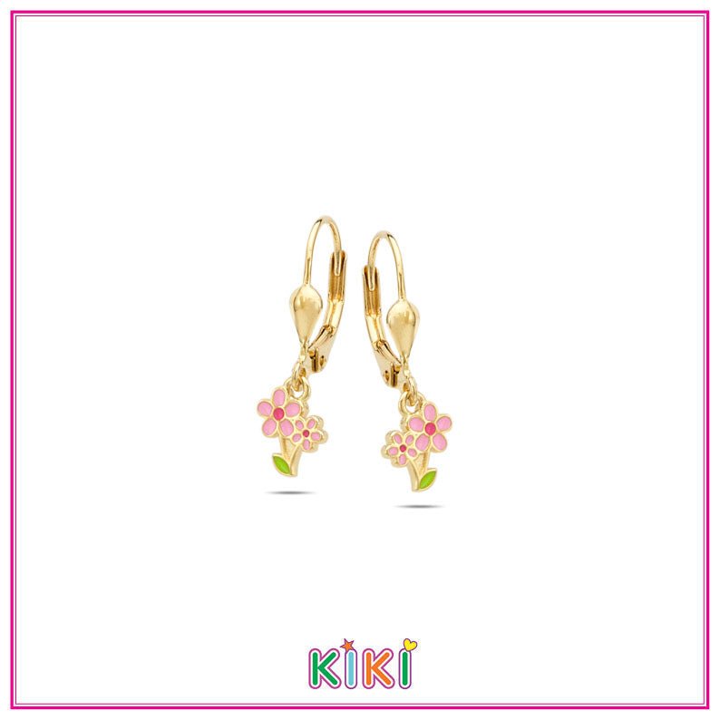 Zilveren kinderoorbellen met hangertjes bloemetjes goldplated | Kiki - Staartjes en Strikjes