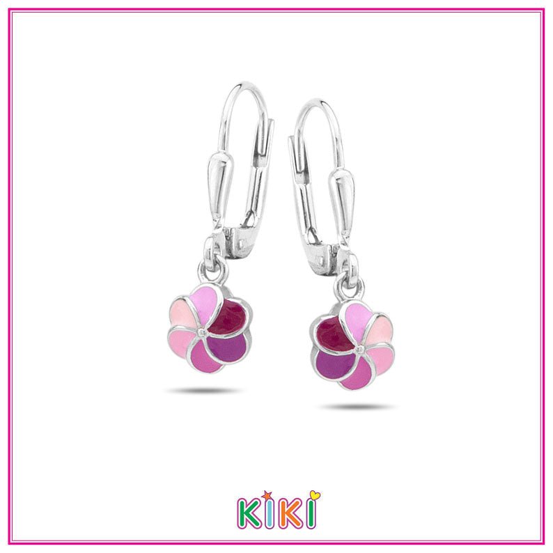Zilveren kinderoorbellen met hangertjes bloemetjes roze | Kiki - Staartjes en Strikjes